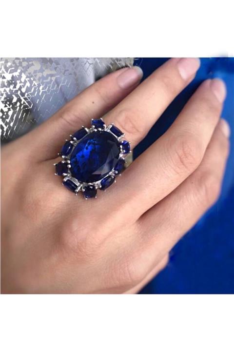 Tmec Silver Oval Tasarım Kadın Taşlı Gümüş Yüzük