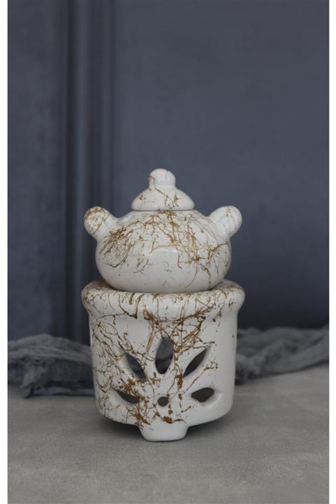 MUDİTA DOĞAL YAŞAM Dekoratik Çaydanlık Model Buhurdan Altın Yaldızlı Beyaz Demlik Buhurdanlık