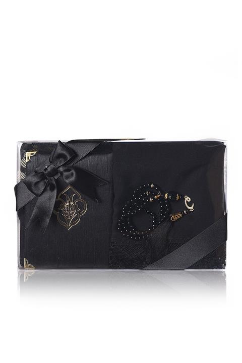 ikrahac Pamuk Seccade Yasin Inci Tasarım Tespih Güpüprlü Şal Siyah