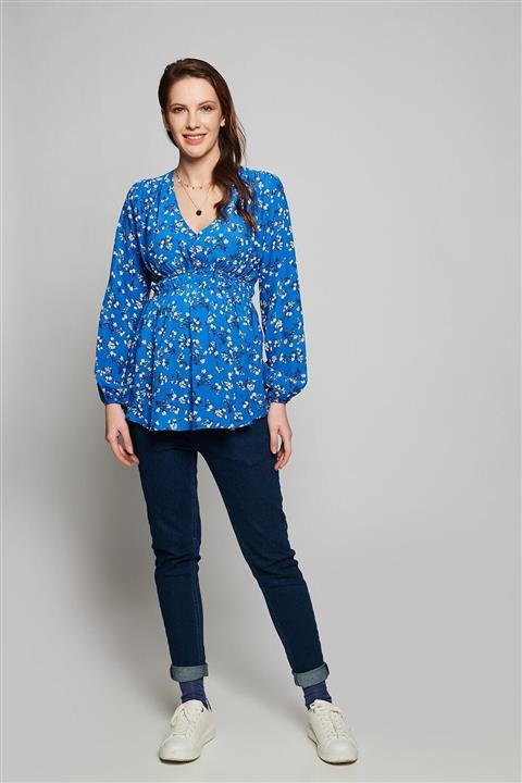 LYN MAMA RANDY V Yaka uzun Kol Göğüs ve Kolları Lastikli Mavi Hamile Bluz