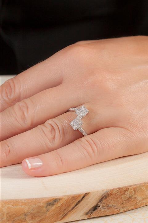 mert silver Gümüş Tek Taş Baget Yüzük 925 Ayar