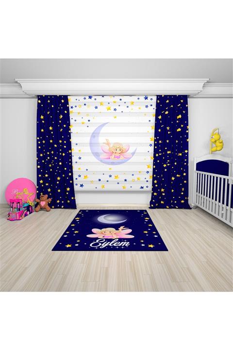 Kuşcu Tekstil Lacivert Zemin Sarı Yıldızlar Baskılı Bebek Odası Fon Perde