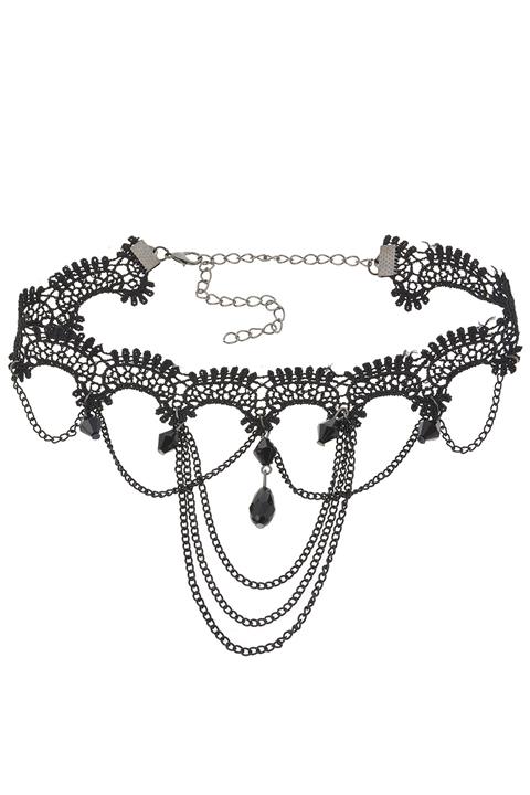 Pelin Aksesuar Kristalli Siyah Dantelli Gothic Kolye