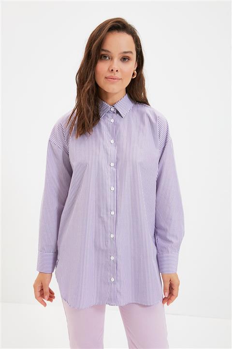 Trendyol Modest Lila Çizgili Gömlek  Yaka Tunik TCTAW22UK0078