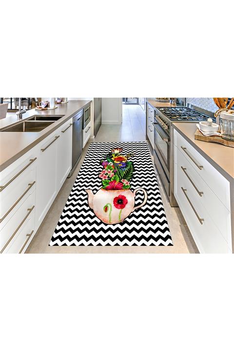 CARİA HOME Zigzag Zemin Çiçekli Fincan Desenli Mutfak Halısı