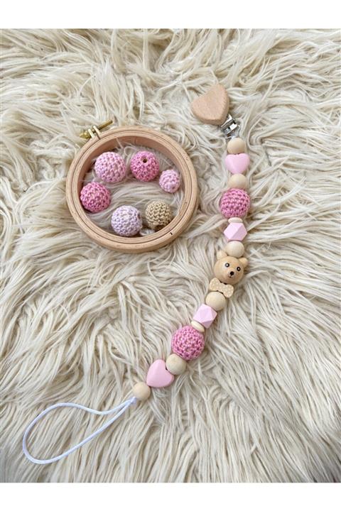 Beybi Gift %100 Doğal Ahşap Emzik Zinciri Özel Tasarım Bebek Hediyesi - Pembe