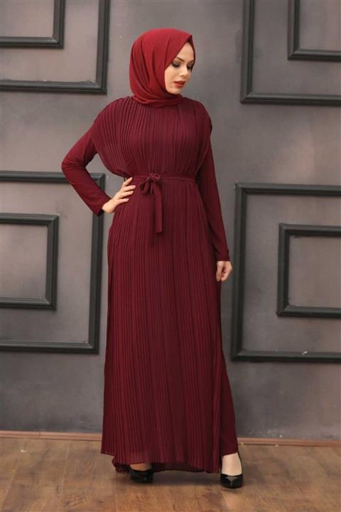 Neva Style - Plise Detaylı Bordo Tesettür Tulum 30120br