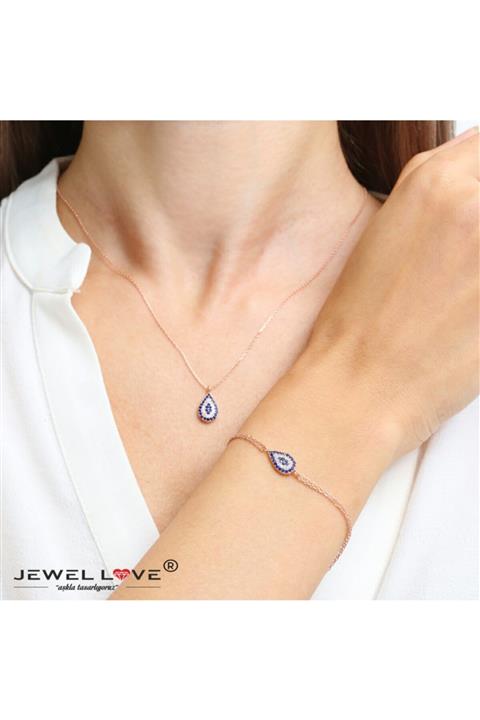 JEWEL LOVE Pırlanta Montür Tasarım Rose Gold Damla Nazar Gümüş Kolye Ve Bileklik Ikili Set