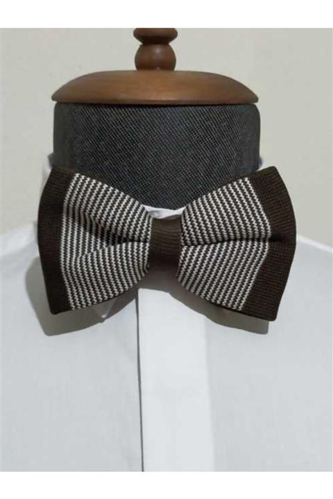 Yage Erkek Beyaz Çizgili Kahverengi Örme Papyon