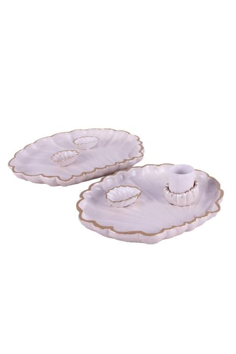 Aker Hediyelik Tasarım Harikası Gold Polyester İstiridye Deniz Kabuğu Şekilli Nişan Tepsisi 2li Set