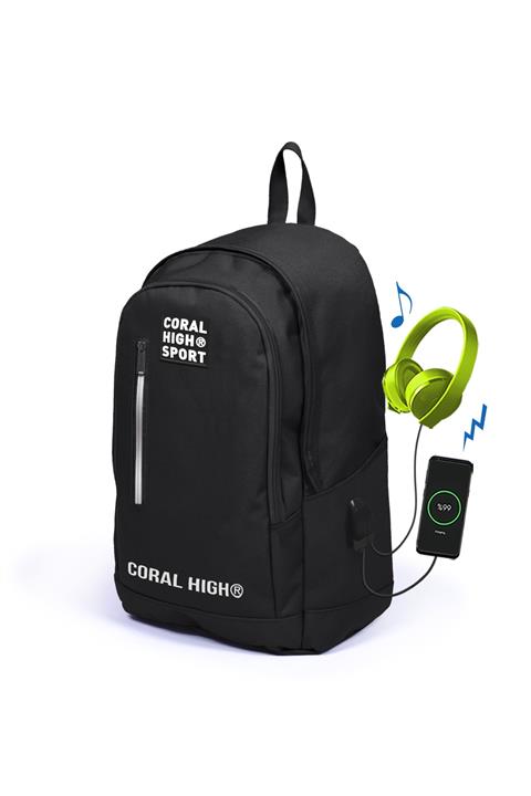 Coral High Sport Siyah Üç Bölmeli Usb Şarjlı Kulaklık Çıkışlı Sırt Çantası 23231