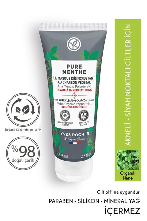 Yves Rocher Pure Menthe- Gözenekleri Derinlemesine Arındıran Siyah Nokta Karşıtı Kömür Maske - 75 ml