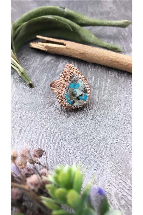 Joel Jewelry Pembe Damla Kesim Turkuaz Taşlı Altın Kaplamalı Gümüş Yüzük
