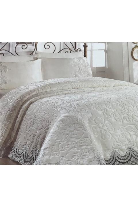 JOLLY HOME Krem 6 Parça Fransız Dantelli Güpürlü Battanniye Seti
