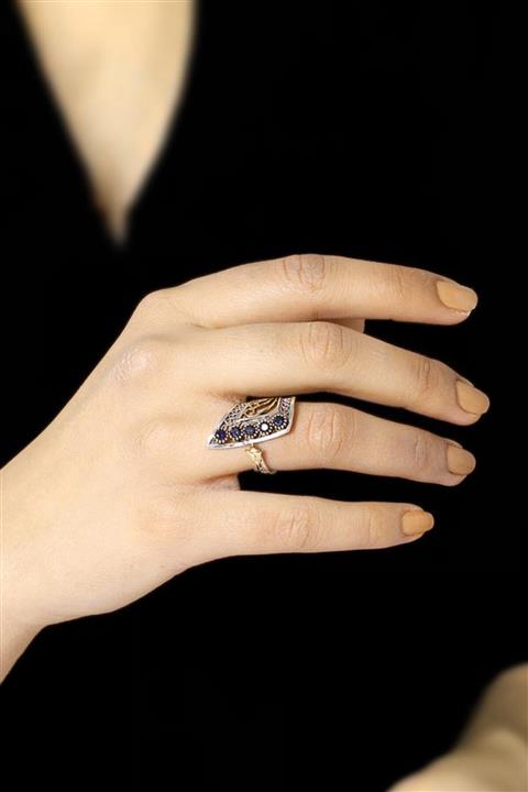 Sümer Telkari Kadın Gümüş Safir Taşlı Telkari İşlemeli Yüzük 2509