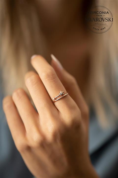 Ninova Silver Kadın Swarovski Taşlı Yıldız ve Tek Taş Model Rose Kaplama Gümüş Yüzük PKT-SBS0637