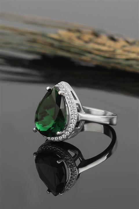 KsrModa Yeşil Zirkon Taşlı 925 Ayar Bayan Gümüş Yüzük