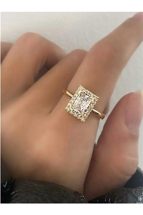 Midyat silver Kadın Baget Taşlı Altın Kaplama Ayarlanabilir Yüzük