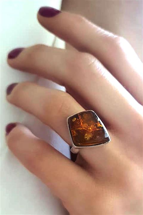 OSESHOP Kehribar Taşlı Gümüş Yüzük