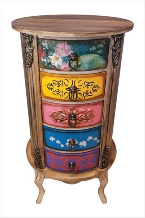 Döküntücü Komodin 5 Çekmeceli Yuvarlak Pembe