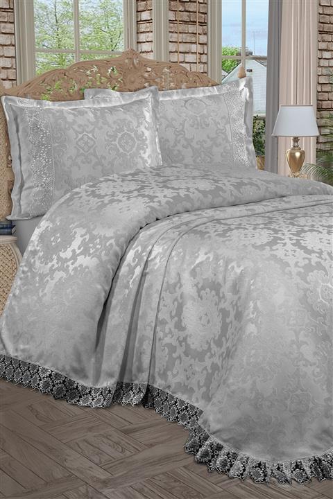 BİRHOME Sera Jakarlı Şönil Fransız Dantelli Çift Kişilik Yatak Örtüsü (gri)