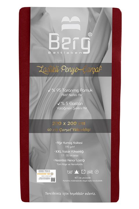 Berg Bettlaken 200x200 +35 cm Yükseklik Lastikli Lüks Penye Pamuklu Çarşaf Bordo