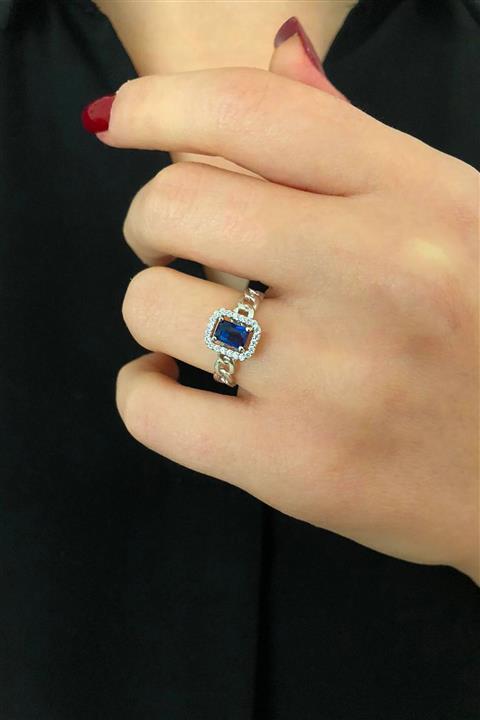 Lia Berto Kadın Gümüş Safir Renk Baget Taşlı Ayarlanabilir Ölçülü Yüzük
