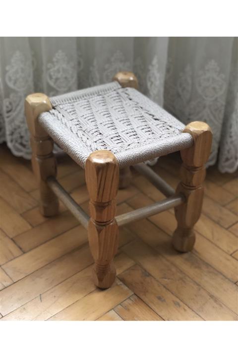 Teknik Ahşap Kayın Ağacı Bej Özel Örme Tabure 21 Cm