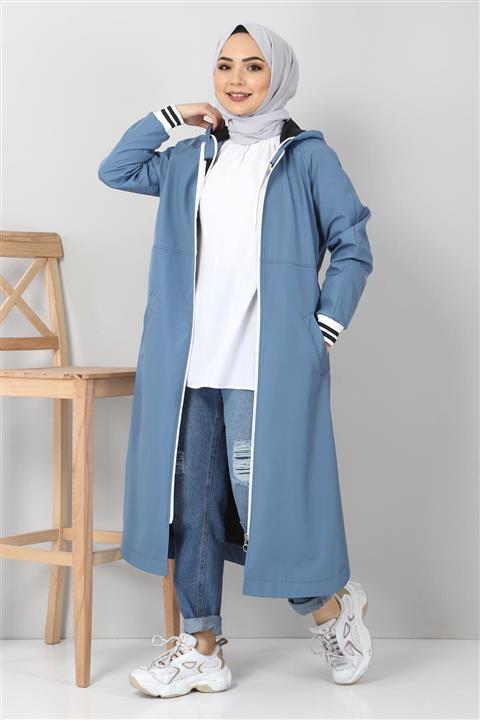 Tesettür Dünyası Ribanalı Trençkot Tsd11917 Mavi