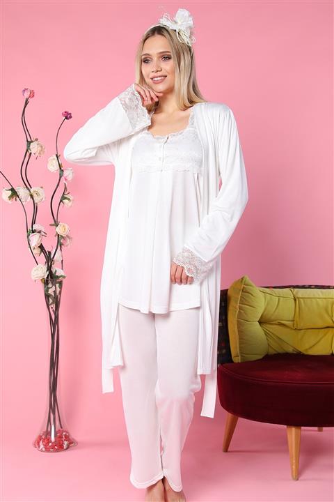 Emose Kadın Ekru Lohusa Sabahlıklı Pijama Takım