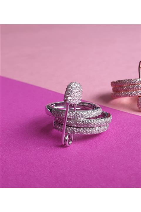 Margelle Çengelli Iğne Zirkon Taşlı Gümüş Üçlü Yüzük