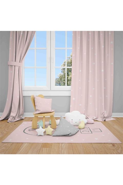 HalıVagonu Pembe Zemin Beyaz Yıldızlı Çocuk Odası Tek Kanat Fon Perde