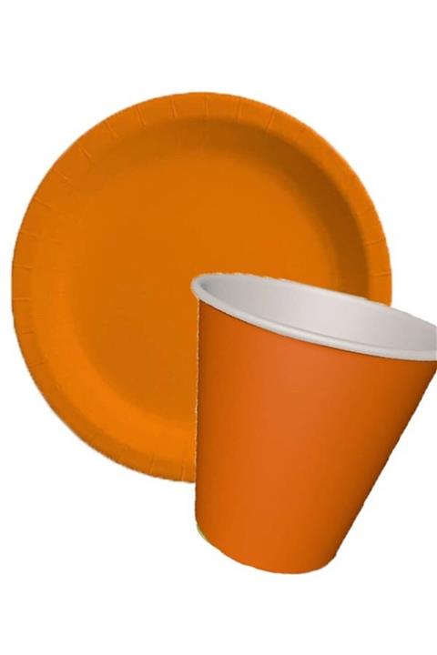 Partifabrik Turuncu Renk Mat Pastel Karton Tabak Bardak Set 8 Li