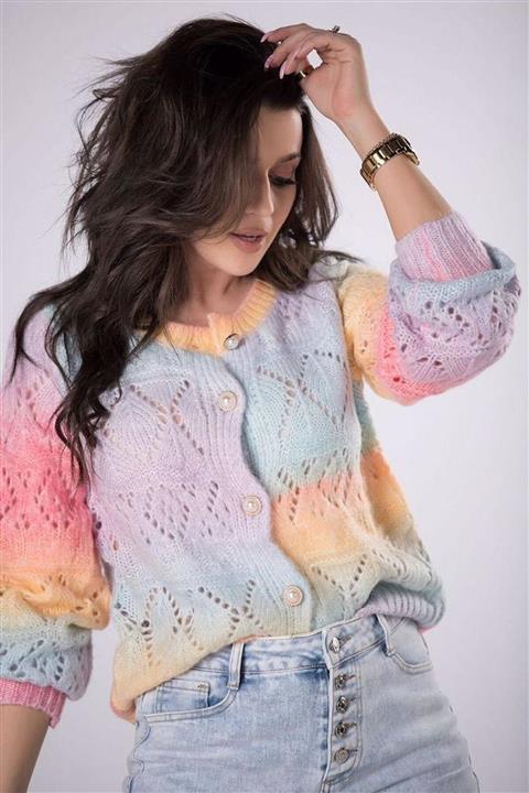 TEORA FASHION Raınbow Serisi Inci Düğme Ajurlu Ipek Iplik Hırka