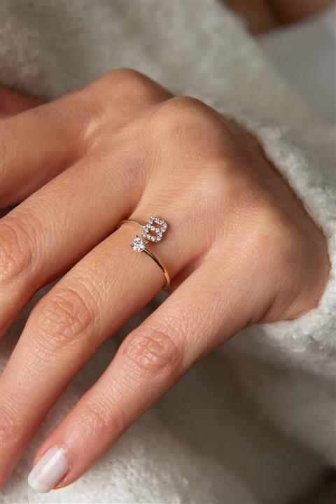 Elika Silver Kadın Taş Detaylı B Harfi Model Ayarlanabilir 925 Ayar Gümüş Yüzük