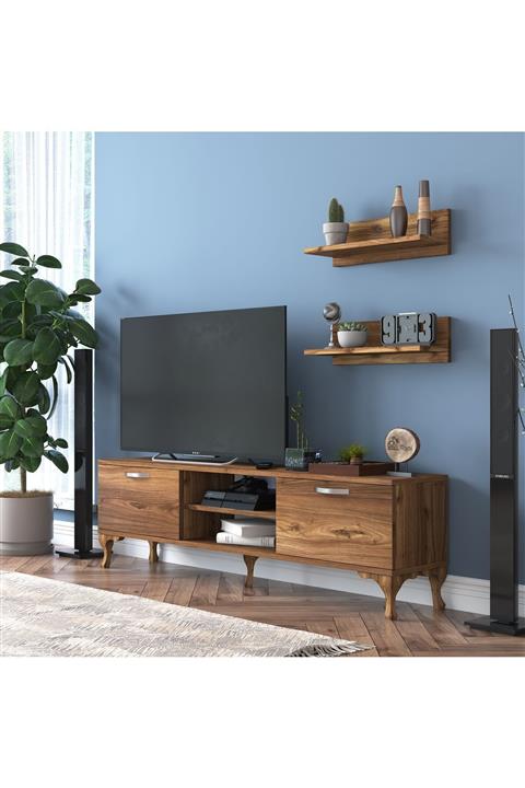 Rani Mobilya Rani A4 Duvar Raflı Tv Sehpası - Kitaplıklı Tv Ünitesi Modern Ayaklı Tasarım Minyatür Ceviz