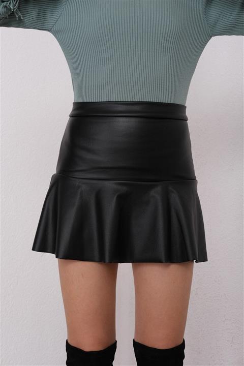 For Angels Siyah Volanlı Deri Etek