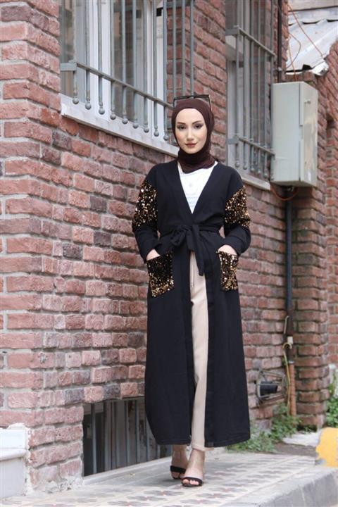 BURCU TESETTÜR Pullu Uzun Hırka Bts0006 Siyah