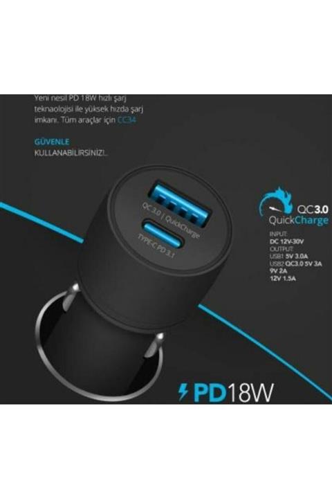 POWERWAY Cc34 Yeni Nesil Çakmaklık Hızlı Araç Şarjı