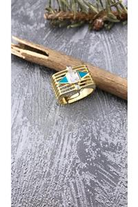 Joel Jewelry Baget Kesim Zirkon Taşlı Mavi Mineli Altın Kaplamalı Gümüş Yüzük