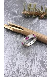 Joel Jewelry Yakut Ve Zirkon Taşlı Çiçek Desenli Rodyum Kaplamalı Ayarlanabilir Minimal Gümüş Yüzük
