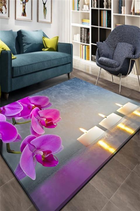 Osso Halı Osso Mor Çiçekler Mumlar Romantik 3d Desenli Lastikli Halı Örtüsü Halı Kılıfı