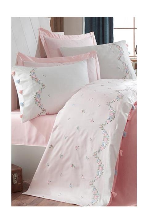 Dantela Püsküllü Nakışlı Pike Takımı Lara - Pudra