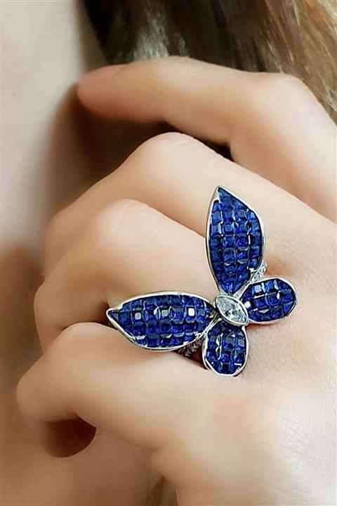 OSESHOP Italyan Tasarımı Mozaik Kesim Lacivert Zirkon Taşlı 925 Ayar Gümüş Lüks Kelebek Yüzük