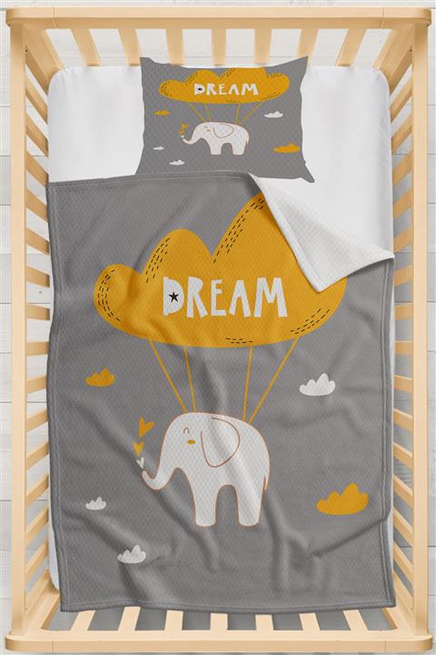 Else Halı Else Gri Sarı Iskandinav Filli Desenli Yatak Örtüsü Yastıklı Bebek Pike Takımı