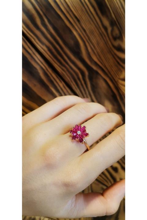 Aynadaki Rengim Gümüş & Rose Model Turmalin Taşlı Lotus Çiçekli Yüzük