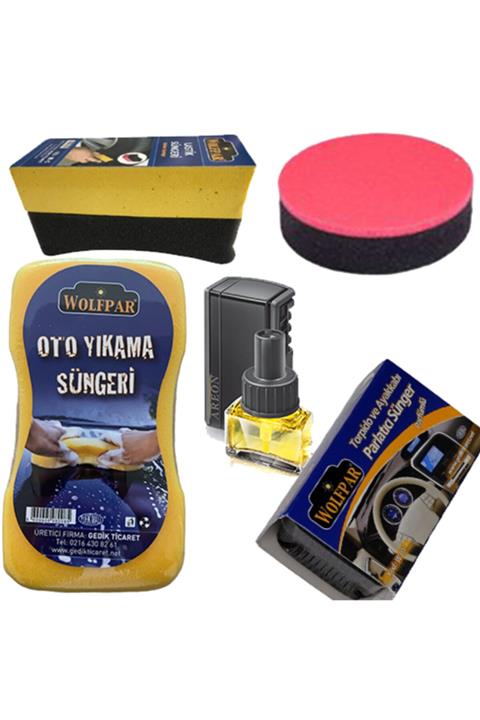 WOLFPAR Oto Yıkama Süngeri+lastik Süngeri+pasta Cila Süngeri+torpido Süngeri+areon Klima Araç Kokusu