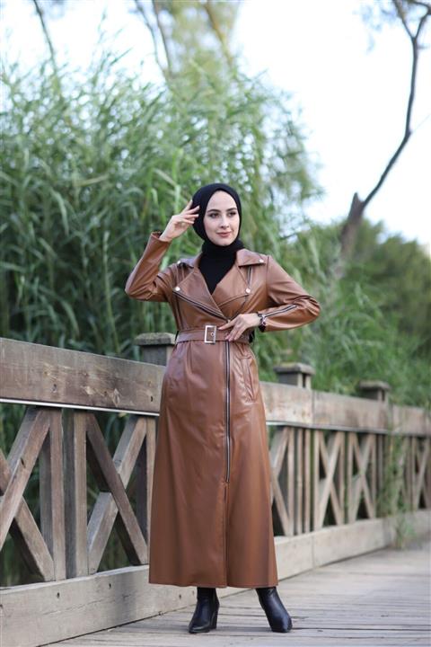 Moda Palmiss Tam Boy Fermuar Detaylı Deri Trenç Camel