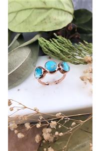 Joel Jewelry Üç Turkuaz Taşlı Pembe Altın Kaplamalı Ayarlanabilir Gümüş Yüzük