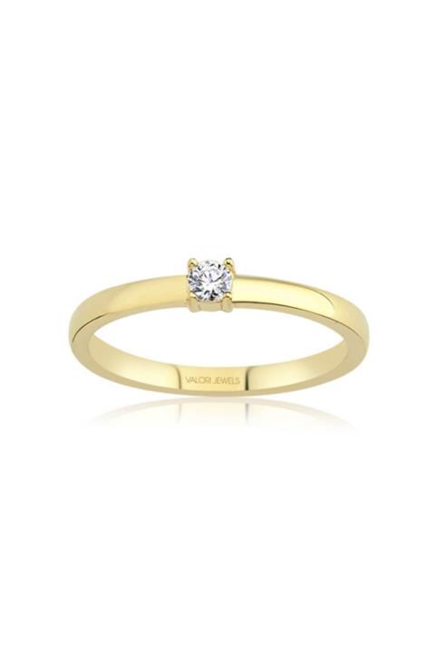 Valori Jewels 0.11 Karat Swarovski Zirkon Beyaz Yuvarlak Taşlı, Altın Rengi Gümüş Tektaş Yüzük